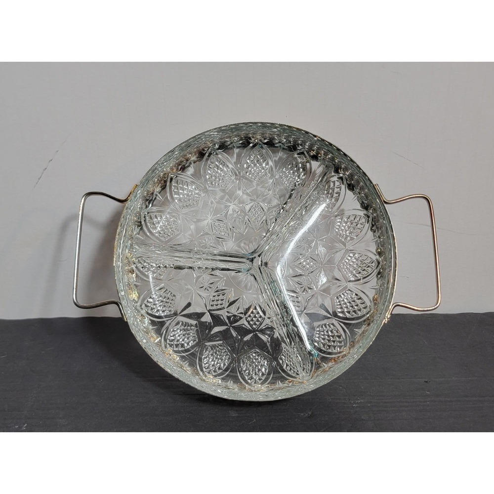 MCM Serving Tray Clear Depression Glass Divided Relish Dish Silver Plated